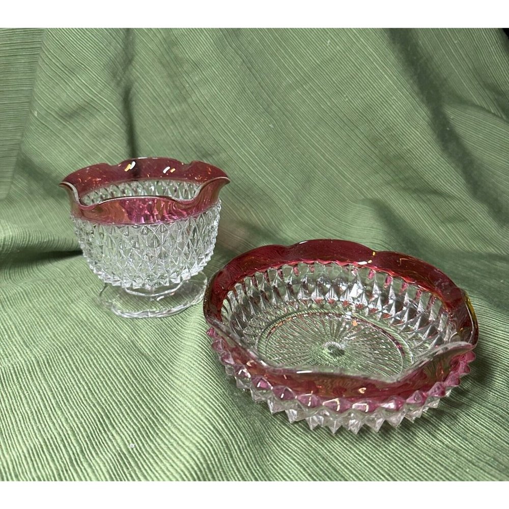 Vintage Indiana Glass Diamond Point Ruby Mayonnaise Bowl with Underplate